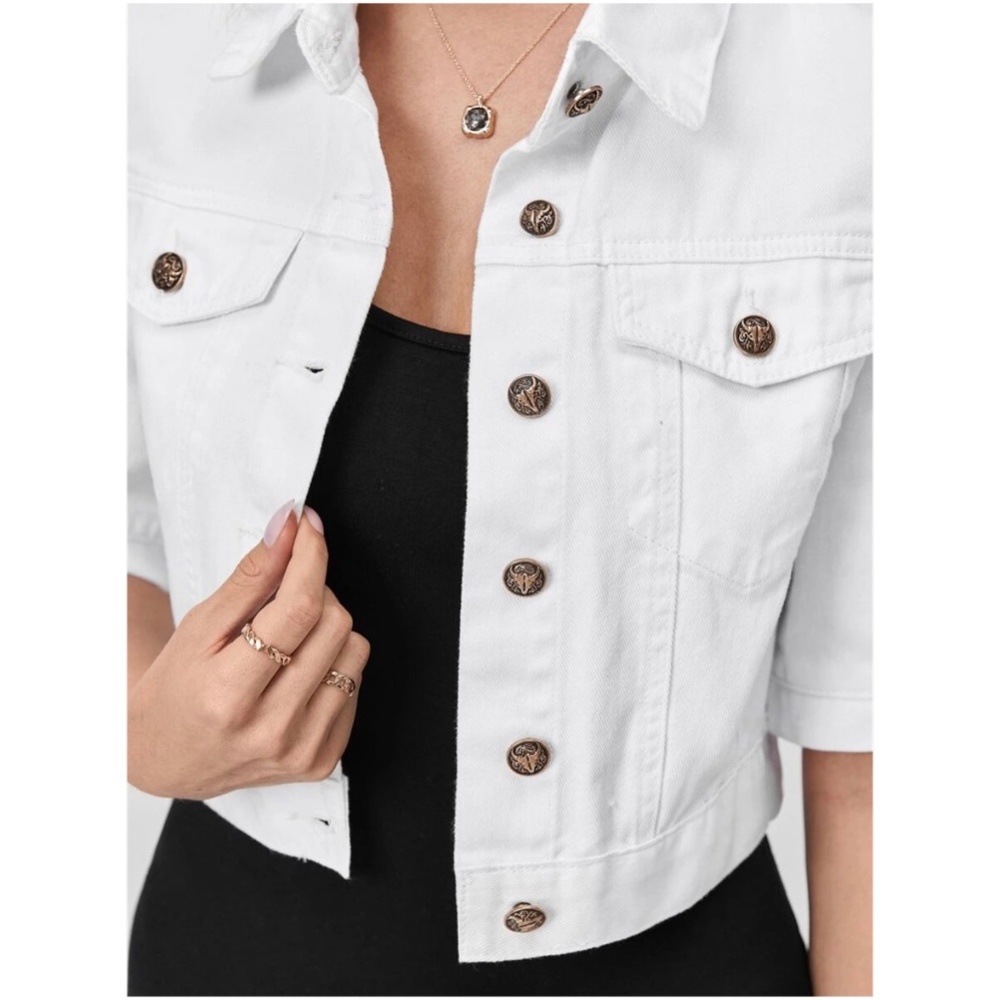 Boho White Puff Sleeve Denim Jacket Shacket - Picture 3 of 7
